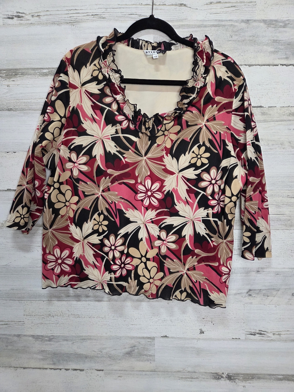 2000s Plus Floral Ruffled Neckline Whimsical Fairy Blouse Size 1X